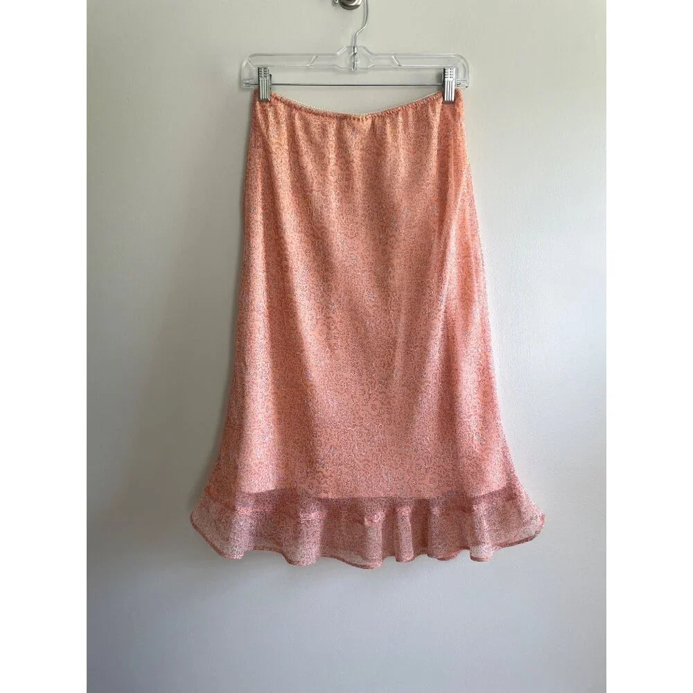 Y2K Pierre Cardin Peach Ditsy Skirt Womens 12 Peach Floral Ruffle Fairy Whimsy